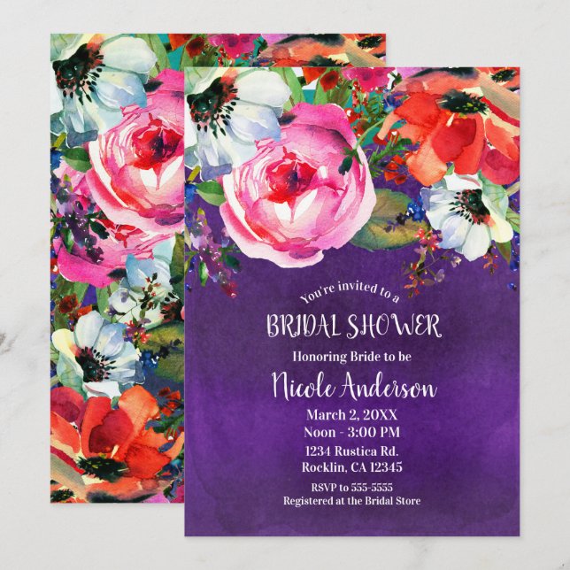 Helles, feines, florales Lila Brautparty Einladung (Vorne/Hinten)