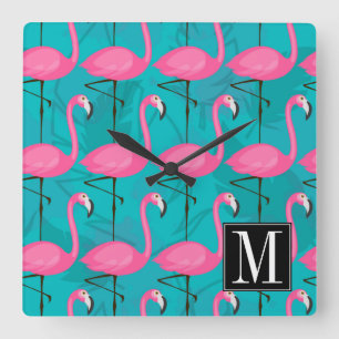 Helles Flamingo-Muster   addieren Ihre Initiale Quadratische Wanduhr