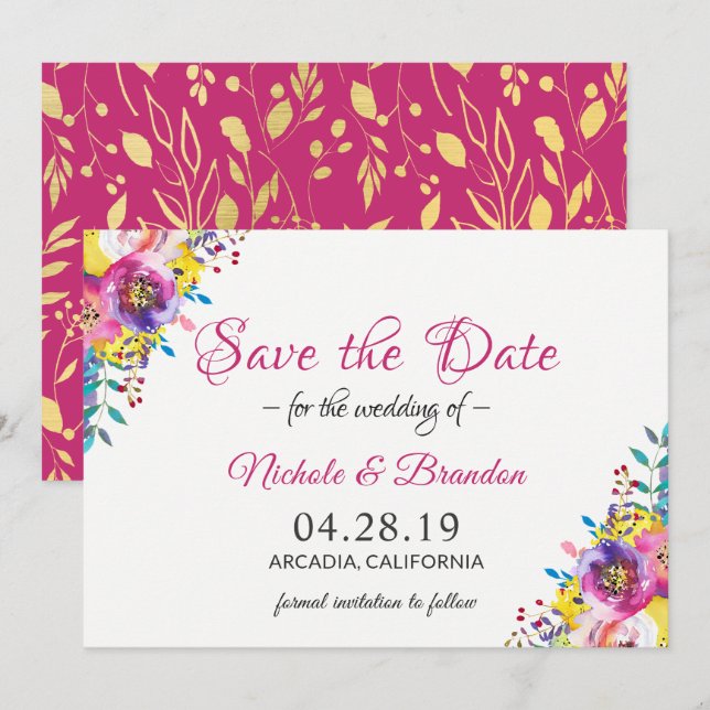 Helles Fuchsia Gold Blumen Spring Save the Date (Vorne/Hinten)