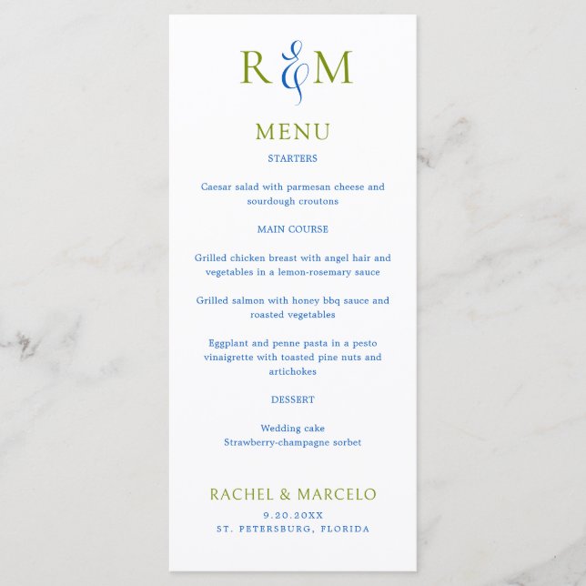 Helles Green Blue Simple Monogram Wedding Menu Menükarte (Vorderseite)
