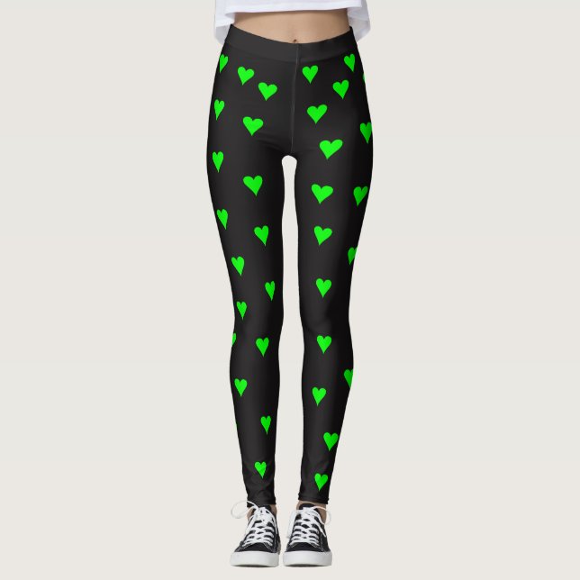Helles grünes Herz Formen auf schwarzem Hintergrun Leggings (Vorderseite)
