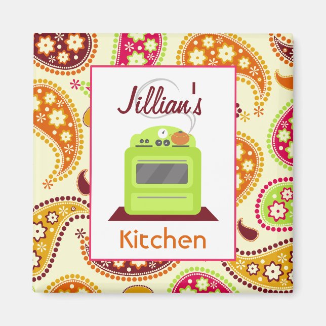 Helles grünes Retro Stove & Paisley Kitchen Magnet (Vorne)