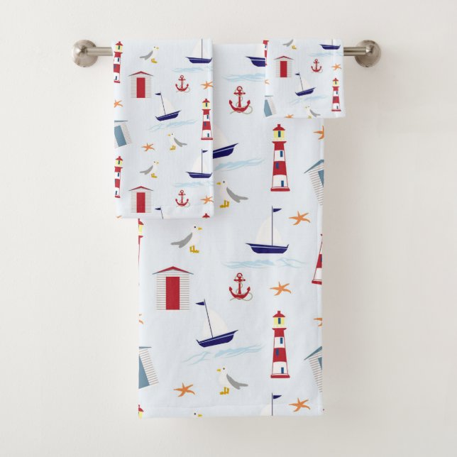 Helles Haus-Segel-Boots-nautischmuster Badhandtuch Set (Insitu)
