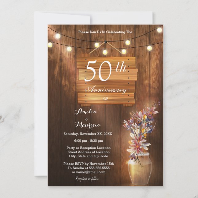 Helles Holz 50. Hochzeitstag Einladung (Vorderseite)