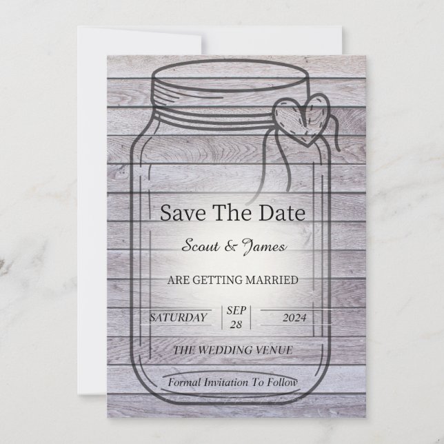 Helles Holz Hintergrund mit Herz Mason Jar Save The Date (Vorderseite)
