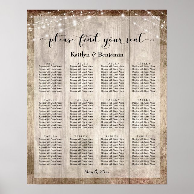Helles Holz & Lights Hochzeitssitzdiagramm Poster (Vorne)