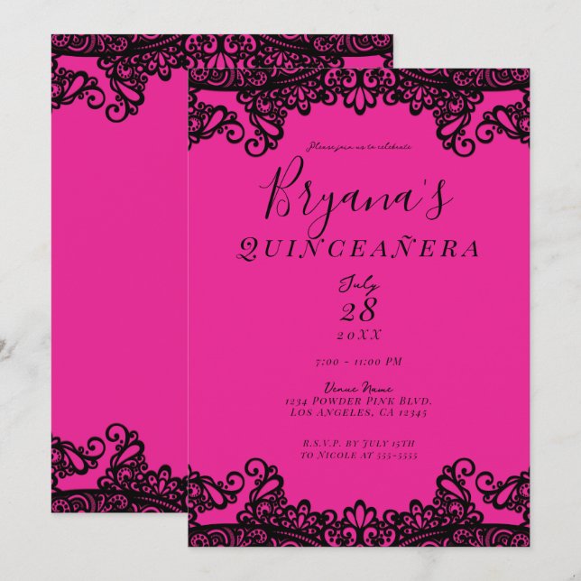 Helles Hot Pink Black Ink Lace 15. Quinceañera Einladung (Vorne/Hinten)