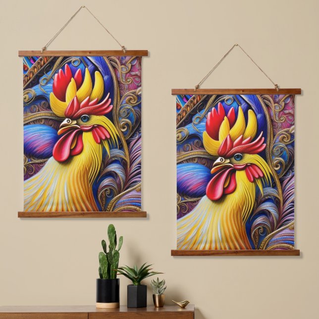 Helles, lebendiges Rooster Wandteppich Mit Holzrahmen (Asymmetrisch)