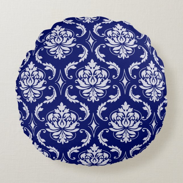 Helles Marine-Blau-Damast-Muster Rundes Kissen (Vorderseite)