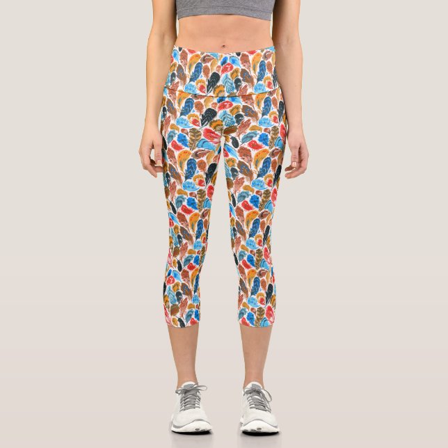 Helles Muster mit Vogelfedern Capri Leggings (Vorderseite)