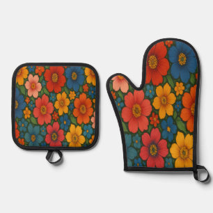 Helles Muster nahtloser Wildblume Ofenhandschuh & Topflappen-Set