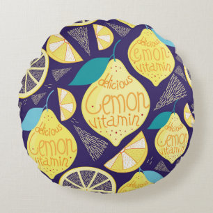 Helles Muster von Zitronen und Nelken auf dunkelbl Rundes Kissen
