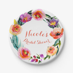 Helles mutiges BlumenWreathwatercolor-Brautparty Pappteller