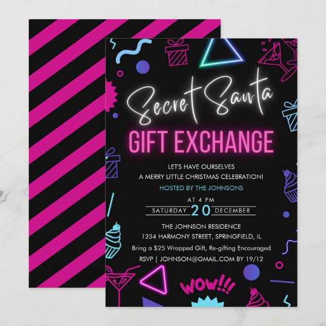 Helles Neon Secret Santa Gift Exchange Party Einladung (Vorne/Hinten)