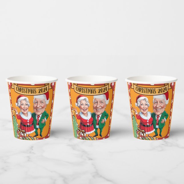 Helles Orange Weihnachtskarikaturenpaar Pappbecher (Multi)