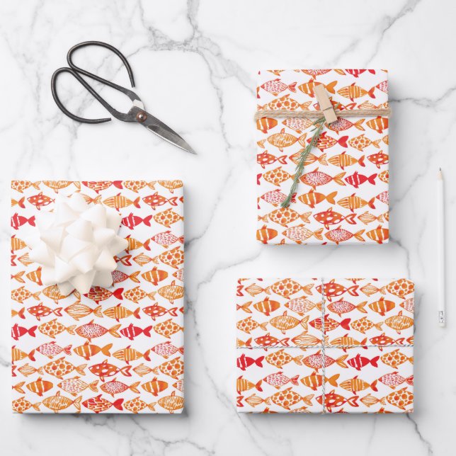 Helles Orangefarbenes Fischmuster Geschenkpapier Set (Vorderseite)