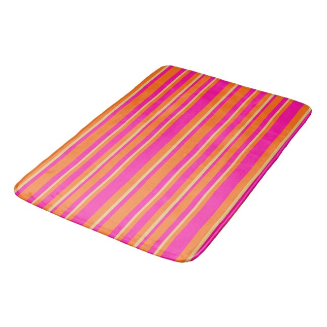 Helles orangefarbenes gelbes und rosa Streifenmust Badematte (Schrägansicht)