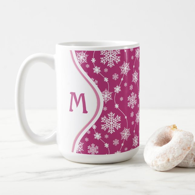 Helles Pink und Winter White Snowflake Muster Kaffeetasse (Mit Donut)