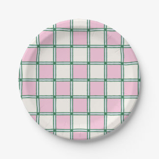 Helles Preppy-Rosa, Blau und grüne Schachbretter Pappteller