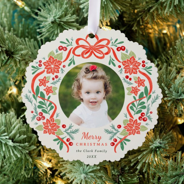 Helles Red Poinsettia und Grünes Weihnachtsfest Fo Ornament Karte (Insitu (Baum))