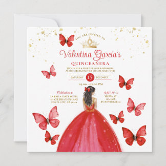 Helles Red Quinceañera 15 Anos Butterfly Gold Einladung