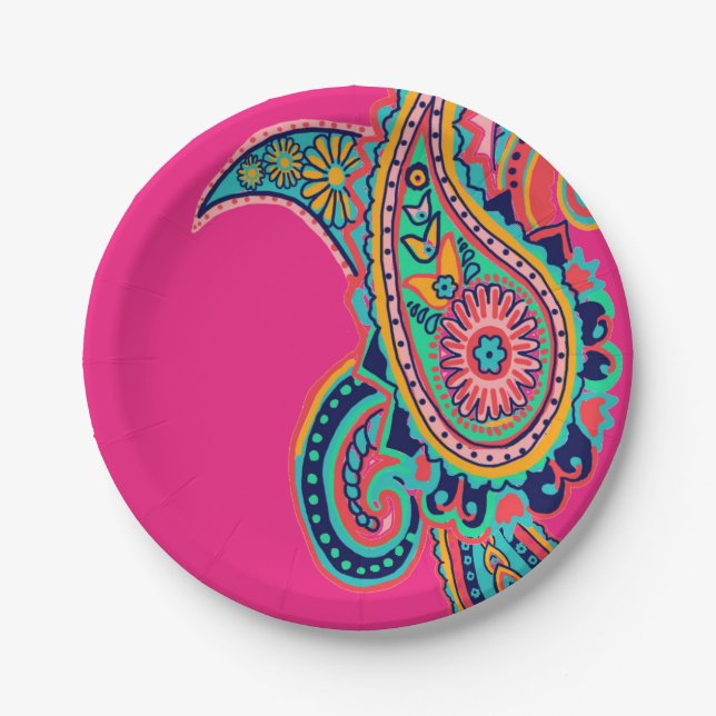 Helles Regenbogen-Rosa Paisley Pappteller (Vorderseite)