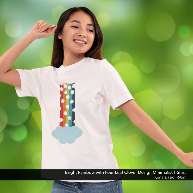Helles Regenbogen Vier-Leaf Klee Minimalistischer  T-Shirt (Girls' T-Shirt with a Bright Rainbow and Four-Leaf Clovers Minimalist Design.)
