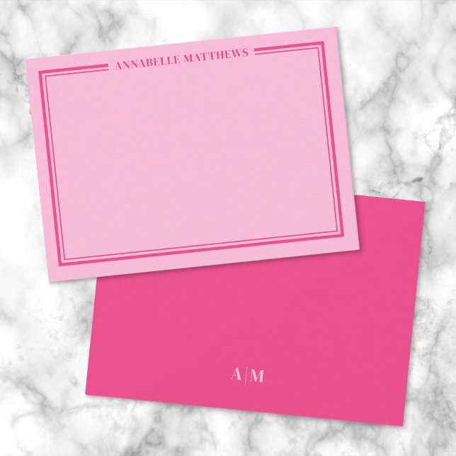Helles Rosa Doppelrand Minimalistisches Monogramm Mitteilungskarte (Pink Two Border Minimalist Name Monogram Note Card)