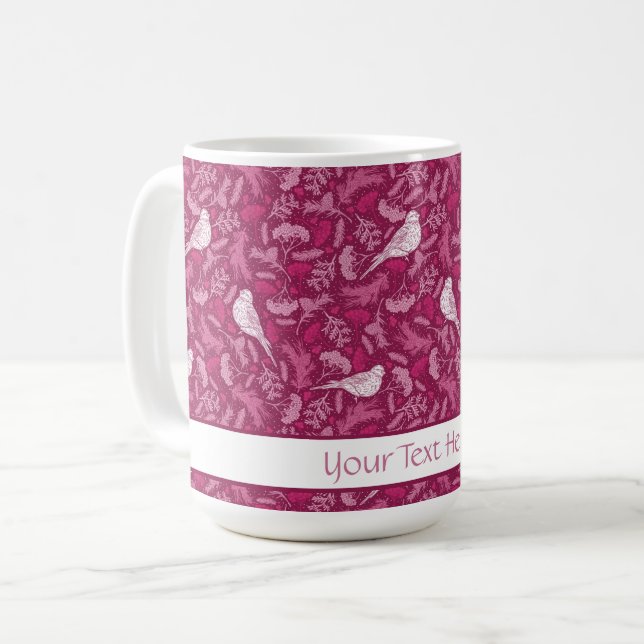 Helles rosa Mauve Winter White Bird Blumenmuster Kaffeetasse (Vorderseite Links)
