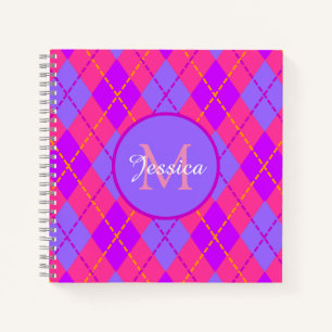Helles Rosa und Blau Argyle-Muster Monogramm Notizbuch
