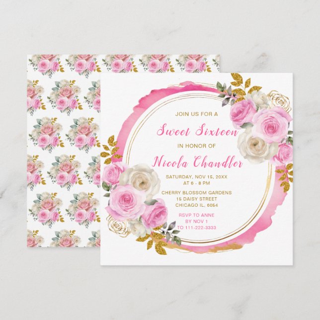 Helles Rosa und Gold Elegante Blume 16 . Geburtsta Einladung (Vorne/Hinten)