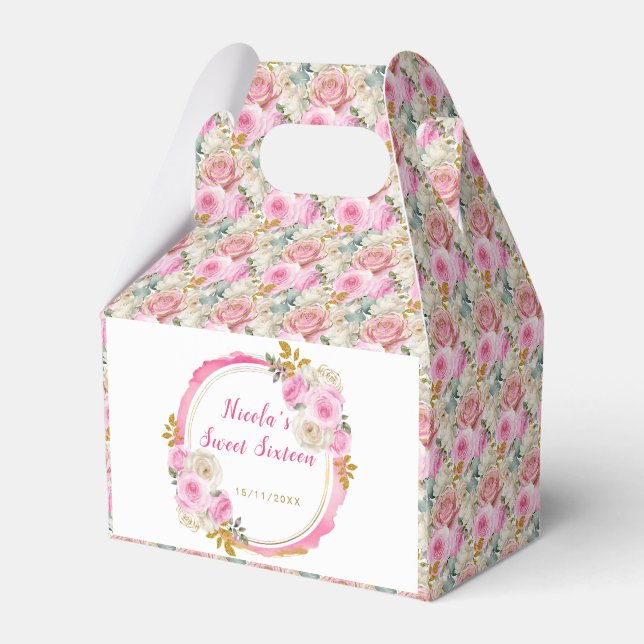 Helles Rosa und Gold Elegante Blume 16 . Geburtsta Geschenkschachtel (Vorderseite)