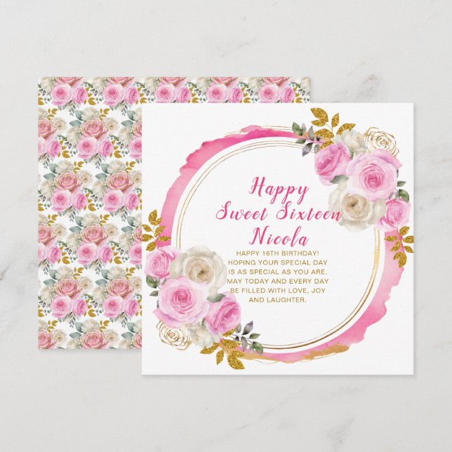 Helles Rosa und Gold Elegante Blume 16 . Geburtsta Karte (Vorne/Hinten)