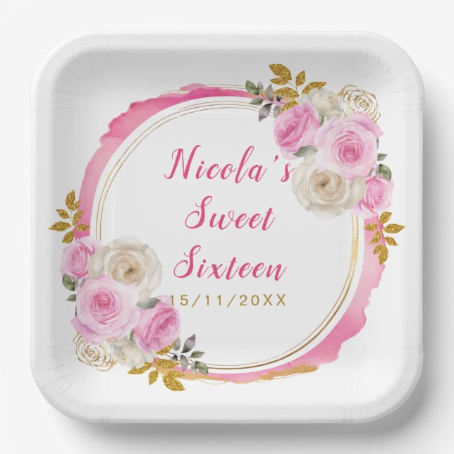 Helles Rosa und Gold Elegante Blume 16 . Geburtsta Pappteller (Vorderseite)