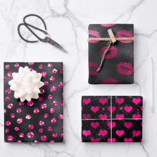 Helles Rosa und schwarze glamouröse feminine Muste Geschenkpapier Set
