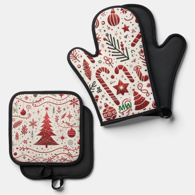 Helles Rot-Grün-Weihnachtsmuster Ofenhandschuh & Topflappen-Set (Vorderseite/Rückseite)