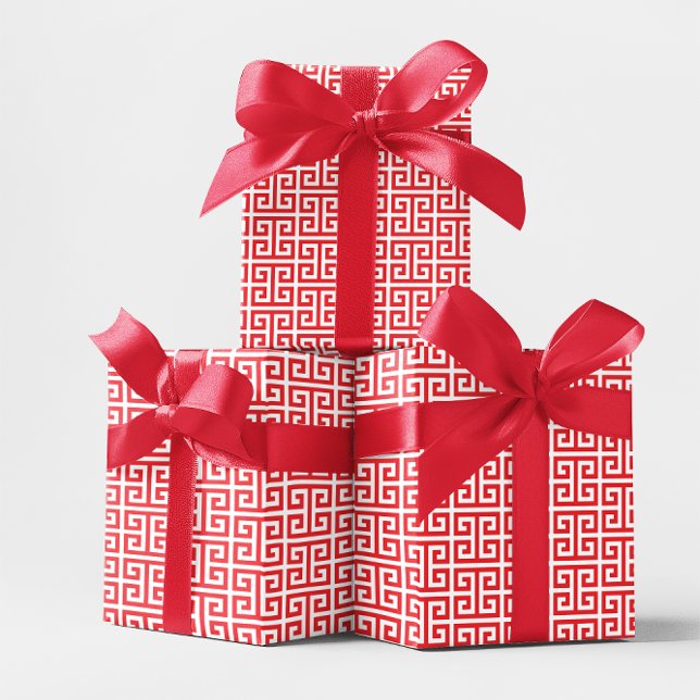 Helles Rot-Weiß-Griechisches Schlüssel-Muster Geschenkpapier (Bright Red and White Greek Key Pattern Wrapping Paper)