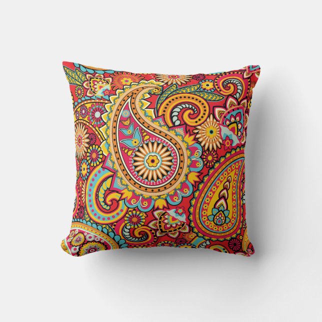 Helles rotes Blumenpaisley-Böhmemuster Kissen (Vorderseite)