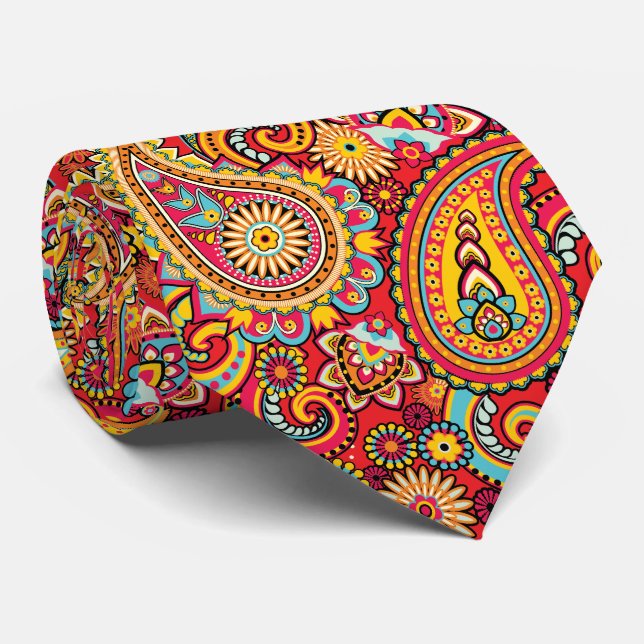 Helles rotes Blumenpaisley-Böhmemuster Krawatte (Gerollt)