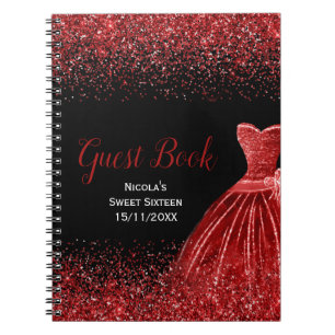 Helles rotes Kleid Faux Glitter Sweet 16 Gästebuch Notizblock