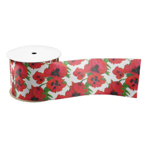 Helles rotes orientalische Mohnblumen-Muster auf Satinband