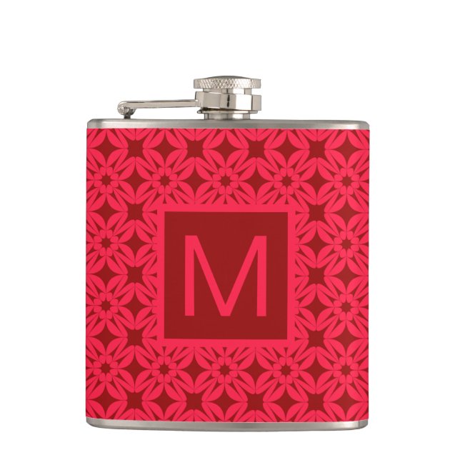Helles rotes, verziertes Muster mit Monogramm Flachmann (Vorderseite)