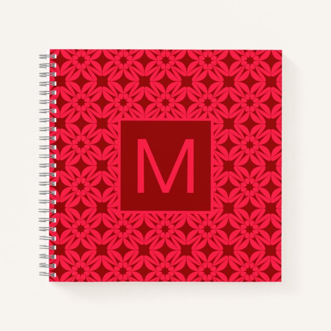 Helles rotes verziertes Muster mit Monogramm Notizbuch (Vorderseite)