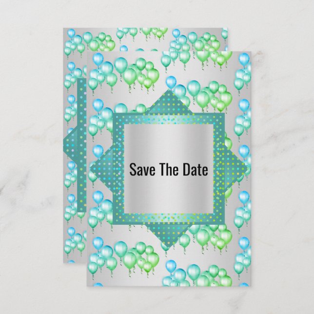 Helles Silver Green Ballon Save the Date Einladung (Vorne/Hinten)