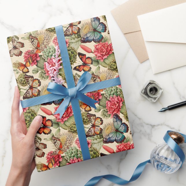 Helles Sommermuster mit Schmetterlingen und Kaktee Geschenkpapier (Schenken)