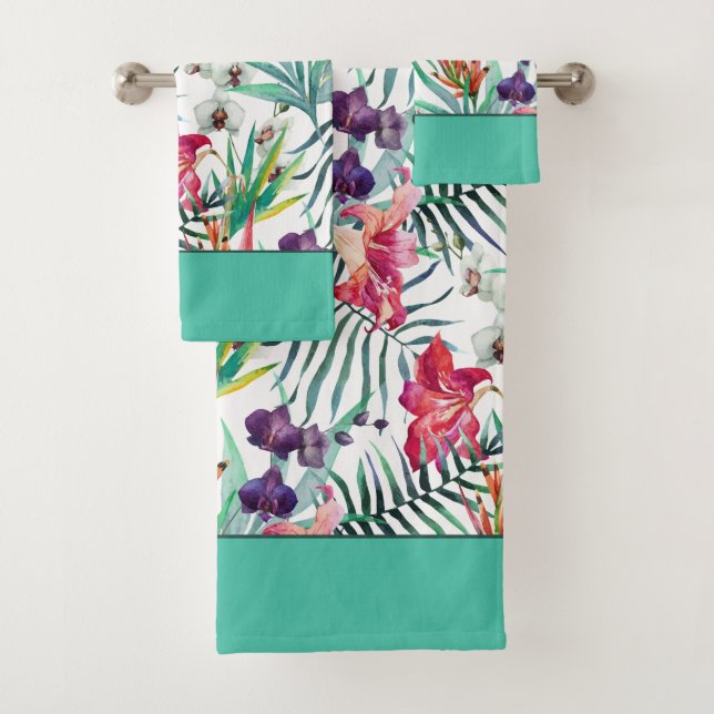 Helles tropisches Muster mit Aqua Border Badhandtuch Set (Insitu)