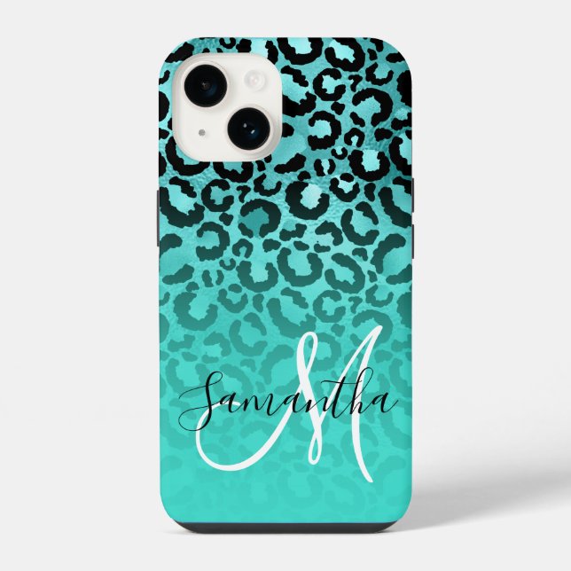 Helles Türkis Leopard Ombre Monogramm iPhone 14 Hülle (Rückseite)
