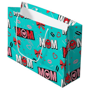 Helles Türkis MOM-Herzen-Schleifen-Pop-Art-Muster Große Geschenktüte