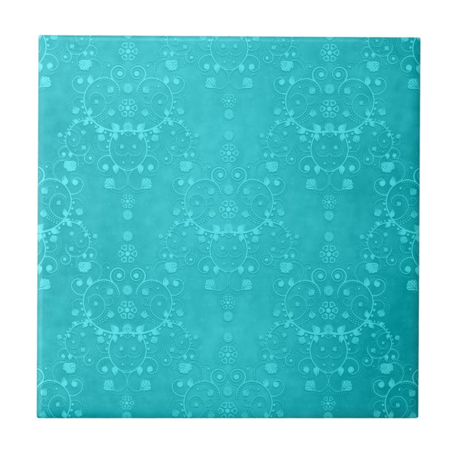 Helles Türkisblau Aquamarines Aqua Damask Muster Fliese (Vorderseite)