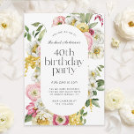 Helles Wasserfarbenfloral 40. Geburtstags-Party Einladung<br><div class="desc">Eine wunderschöne feminine Geburtstagsfeier mit einem eleganten Aquarellrahmen in fröhlichen Gelb-, Rosa-, Weiß- und Grüntönen macht diesen Pop mit stilvollem Charme. Trendy-Typ-Gesichtspaarungen beinhalten einen schicken Titel in Kleinbuchstaben Schriftart gepaart mit modernen Sans Serif. Der Ehrengast wird in einem femininen Skript-Schriftart beschrieben. Personalisieren Sie die leicht zu bedienende Textvorlage mit Ihren...</div>